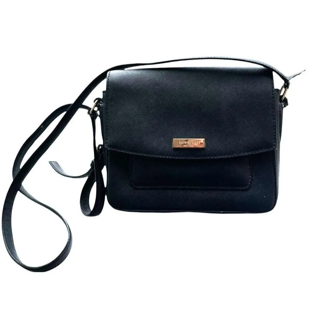 Kate Spade Black Leather Mini Flap Satchel Crossbody Bag Purse Adjustable Strap